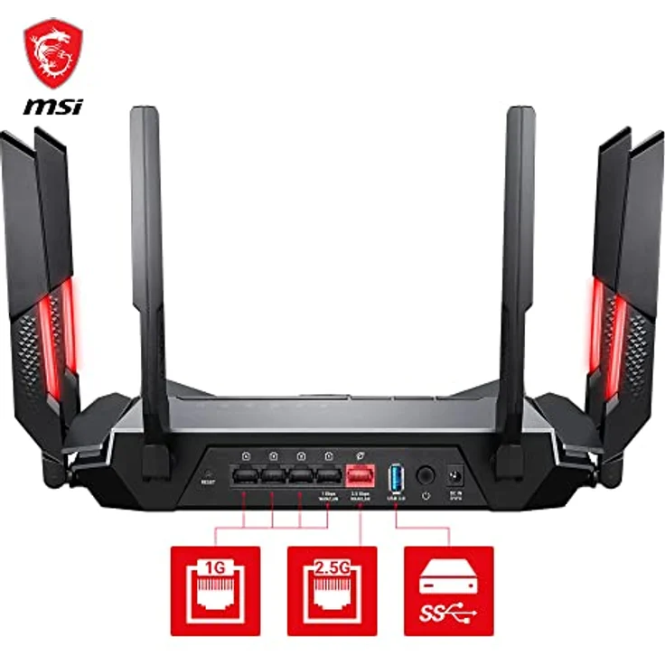 MSI Radix AXE6600 WiFi 6E Tri-Band Gaming Router - Schnelles WLAN bis 6600 Mbit/s (6GHz, 5GHz, 2,4GHz Wireless), AI QoS Priority, MU-MIMO, Beamforming, WPA3, 2.5G WAN/LAN & 4X 1G LAN Anschlüsse - RGB – Bild 5