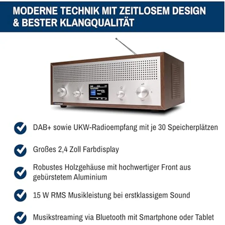 BLAUPUNKT Verona RXD 190 DAB+ mit AUX IN und Bluetooth - 15 Watt RMS Radio mit LC-Farbdisplay, Radio mit Wecker, Stereo Radio, Walnuss – Bild 3
