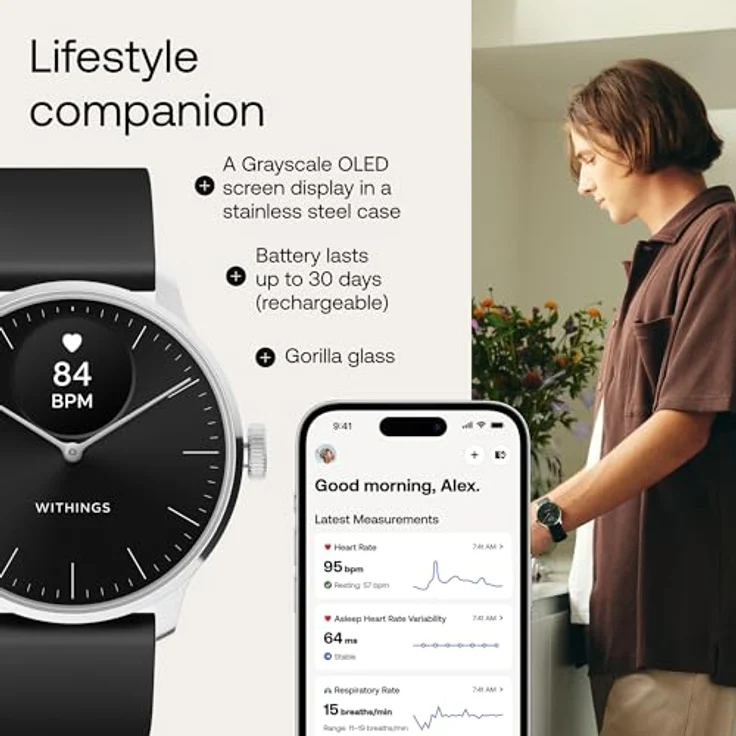 WITHINGS ScanWatch Light – Hybrid Smartwatch, 24/7 Herzüberwachung, Aktivitätstracking, Zyklusverfolgung, Schlafüberwachung, Connected GPS, 30 Tage Akkulaufzeit, Android & Apple kompatibel, Schwarz – Bild 2
