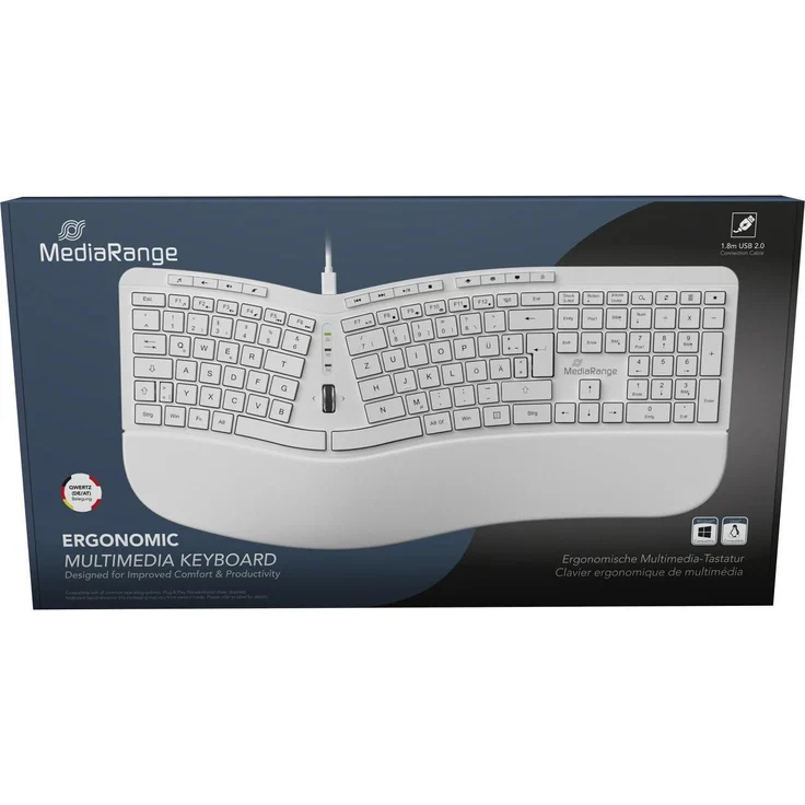 MediaRange Ergonomische Tastatur weiss, Kabelgebunden mit 124 Tasten und Scrollrad (DE), Plug-and-Play-Funktionalität