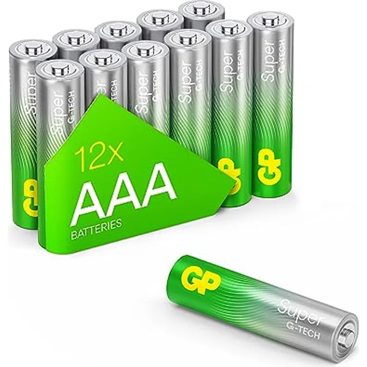 GP Super Alkaline Batterien AAA Micro, LR03, 1,5V, 12 Stück Vorratspack, ideal für die Stromversorgung von Geräten des täglichen Bedarfs - Die Neue G-TECH-Technologie
