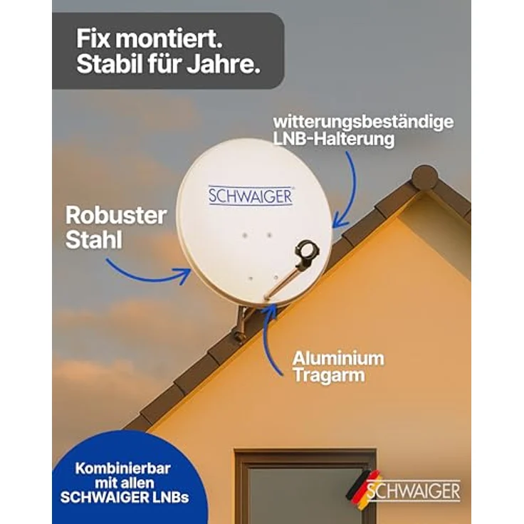 SCHWAIGER Satellitenschüssel Komplettset Ø 60 cm, Stahl Offset Antenne in Hellgrau, inkl. sonnengeschütztem Twin LNB, HD & 4K Empfang, hitzebeständig & wetterfest – Bild 5