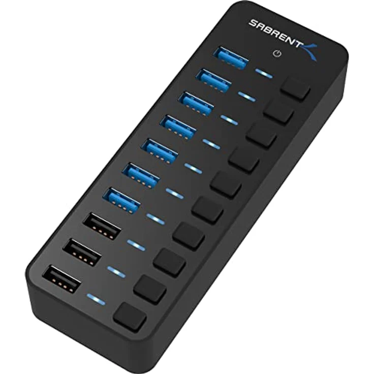SABRENT USB Hub aktiv 3.2 gen1 + netzteil 60W 10port (7 USB hub 3.2 + 3 USB 2) USB Adapter mehrfach Verlängerung, USB Verteiler, Powered USB hub, mit EIN/AUS Schaltern, fur PS5, PC, MacBook (HB-B7C3) – Bild 1