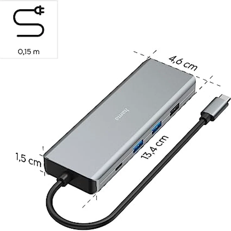 Hama USB-Hub 9 Ports (4x USB-A, 1x USB-C Daten, 1x USB-C Power, 2x HDMI, 1x LAN/Ethernet, Ultra-HD 4K, bis zu 5 Gbit/s, MST für mehrere Bildschirme, Thunderbold, Power Delivery) Aluminium – Bild 2