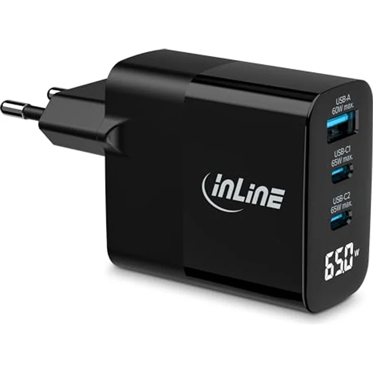InLine USB-Ladegerät 3-Port GaN 65W mit digitalem Display und Schnellladefunktion für iPhone/Pro/Mini, Samsung und mehr – Bild 1