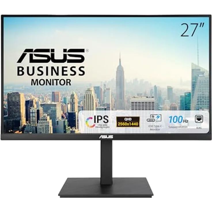 ASUS Business VA27ACFSN - 27 WQHD Monitor - Rahmenlos, ergonomisch, Flicker-Free, Blaulichtfilter, Adaptive-Sync - 100 Hz, 16:9 IPS Panel, 2560x1440 - RJ45, USB-C mit 90W, USB-Hub, DP, HDMI, Speaker