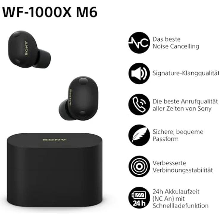Sony WF-1000XM6, Flagship Noise Cancelling In-Ear-Kopfhörer mit Hi-Res-Sound, 24 Std. Akkulaufzeit, IPX4 – Schwarz – Bild 2