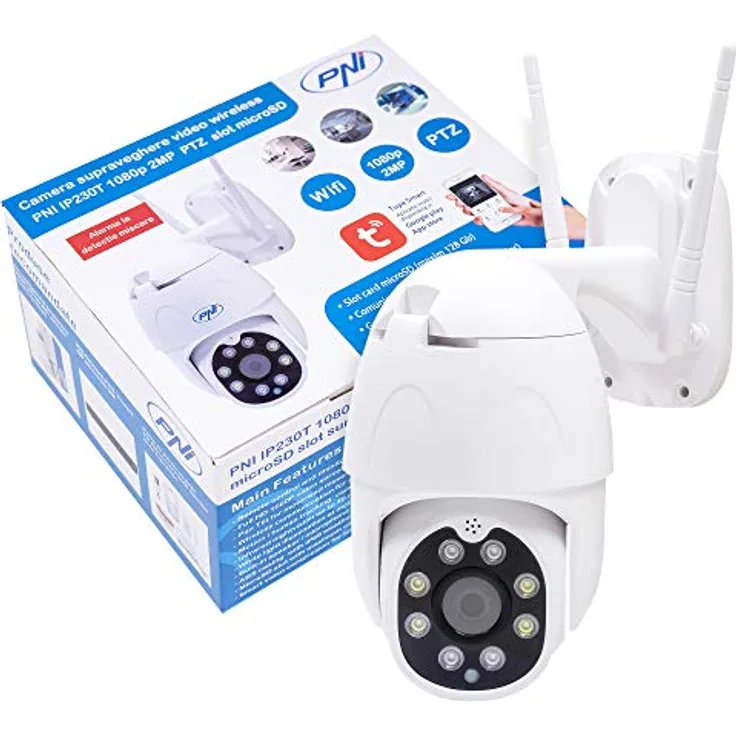 Drahtlose Videoüberwachungskamera PNI IP230T 1080P mit PTZ H264 + unterstützt 128 GB microSD, Nachtsicht, Tuya-Anwendung, P2P, Android, iOS, für Innen und Außen, Rotation nach Bewegung, Bewegungsalarm