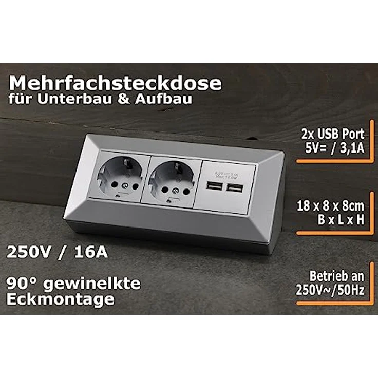 Steckdosenblock Ecksteckdose 2-Fach Schutzkontaktsteckdose 2X USB-A 3,1A Silber Grau – Bild 4