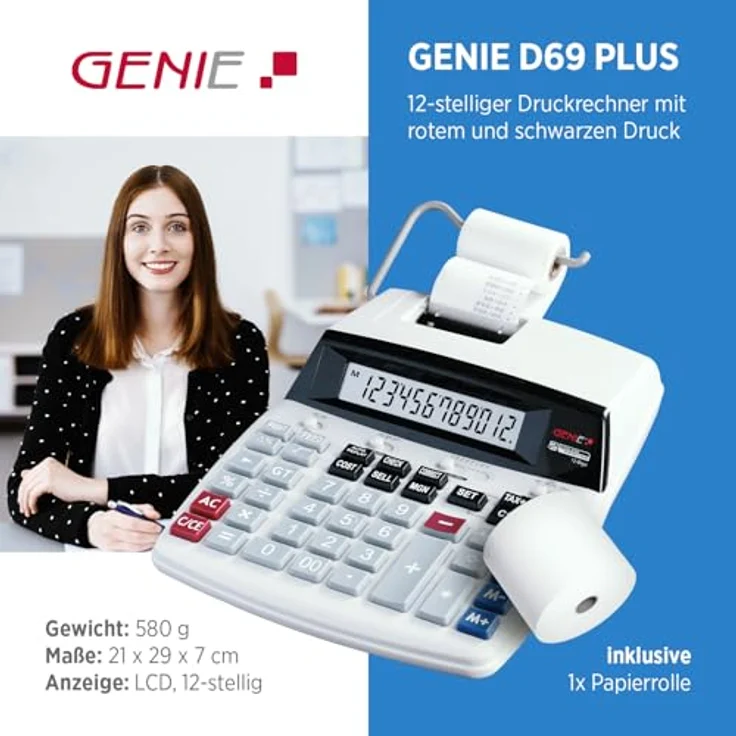 Genie D69 Plus Druckender Tischrechner (Netzteil, 12-stelliger Rechner, rot und schwarz Druck (Tintenroller)) – Bild 3