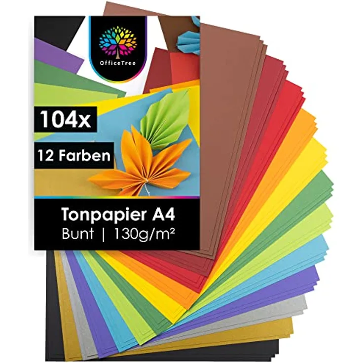 OfficeTree 104 x Tonpapier A4 Bunt 130g - 12 Farben - Buntpapier zum Basteln - Bastelpapier Bunt