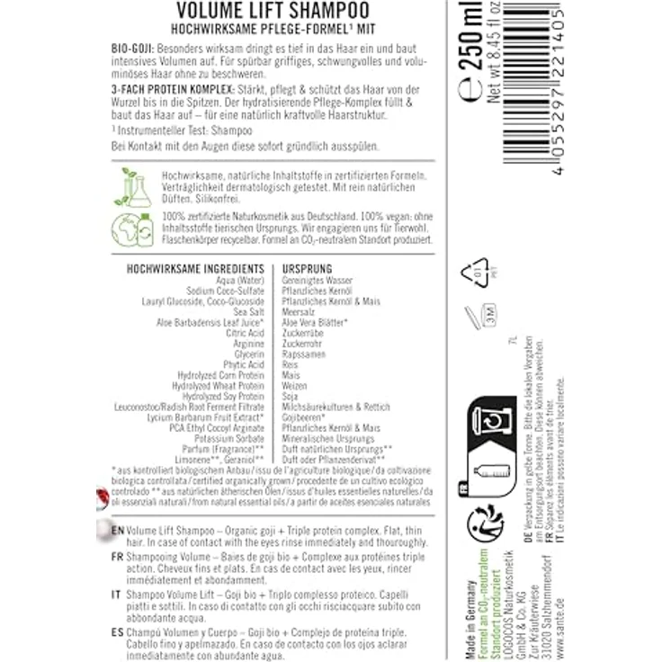 SANTE Volume Lift Shampoo Bio-Goji + 3-Fach Protein Komplex, 250 ml, für mehr Volumen und Griffigkeit – Bild 2
