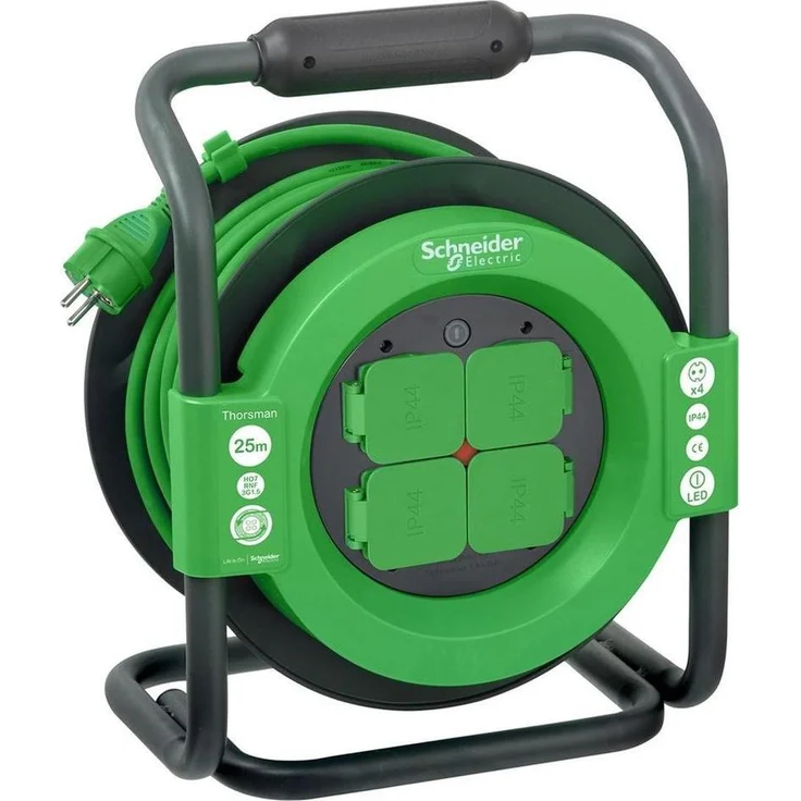 Schneider Electric Kabelrolle EXTENSION CABLE REEL 25M 3X1.5 IP44, grün, mit 4 geerdeten Steckdosen und automatischem thermischen Schutz