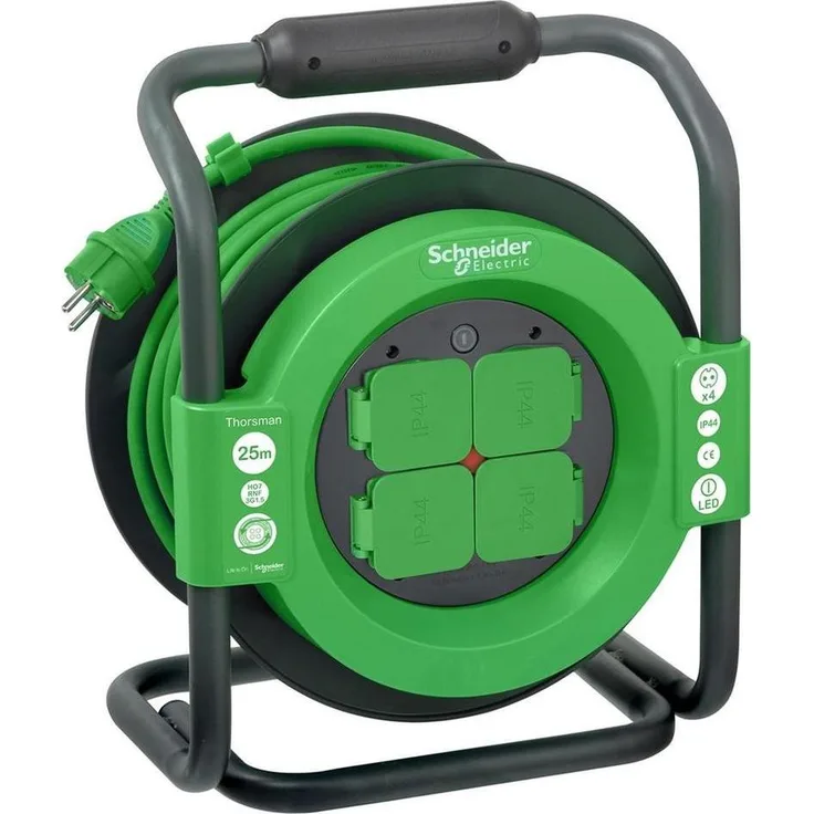 Schneider Electric Kabelrolle EXTENSION CABLE REEL 25M 3X1.5 IP44, grün, mit 4 geerdeten Steckdosen und automatischem thermischen Schutz