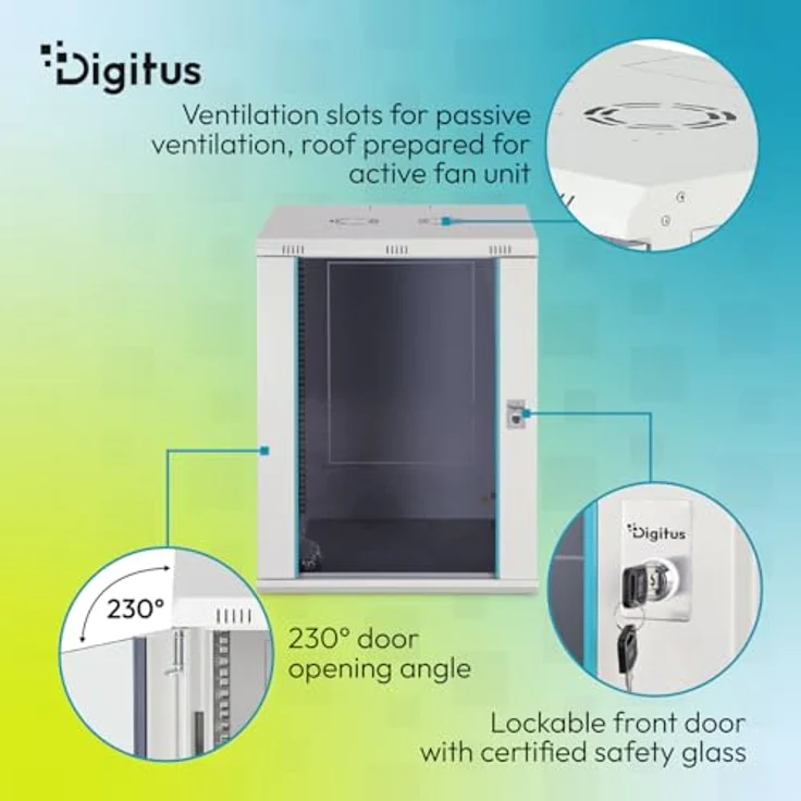 DIGITUS Netzwerkschrank Dynamic-N, 19-Zoll Rack 16HE, unmontiert, Wandmontage, 600 mm Tiefe, 60 kg Traglast, abschließbare Glastür, grau – Bild 4