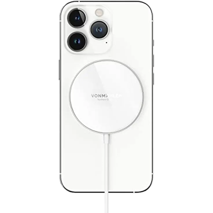 Vonmählen – Aura Mini kabelloses Ladepad für induktives Laden bis 15 W – Wireless Charging Pad kompatibel mit Allen MagSafe-fähigen Endgeräten – mit Handyhüllen verwendbar (White)
