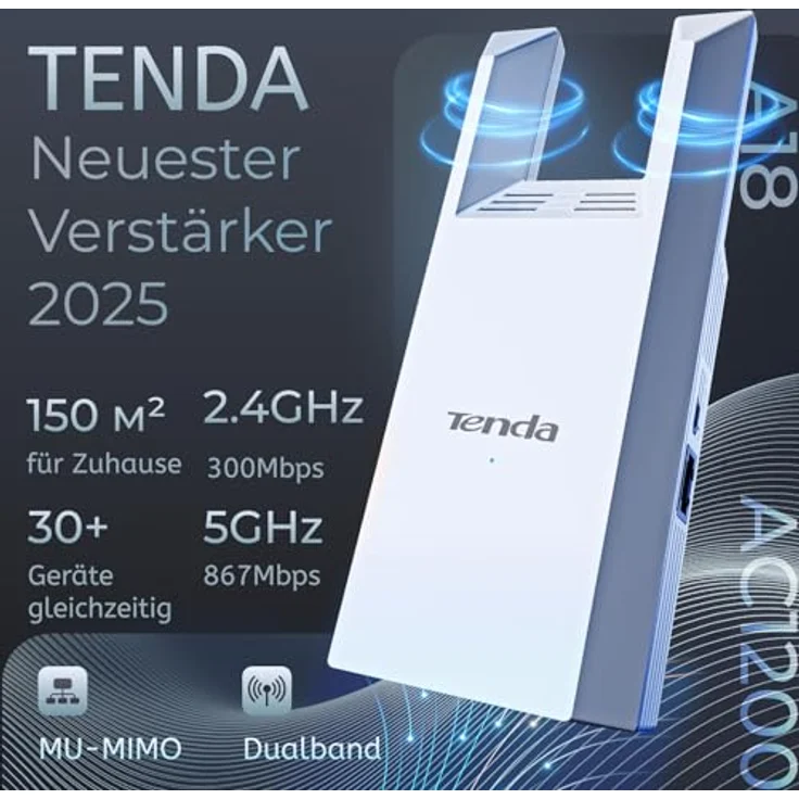Tenda WLAN Verstärker Repeater Dualband AC1200 A18, bis zu 1200 Mbps, 100 Mbit/s LAN-Port, Reichweite 120-150 m², kompatibel mit gängigen Routern – Bild 2