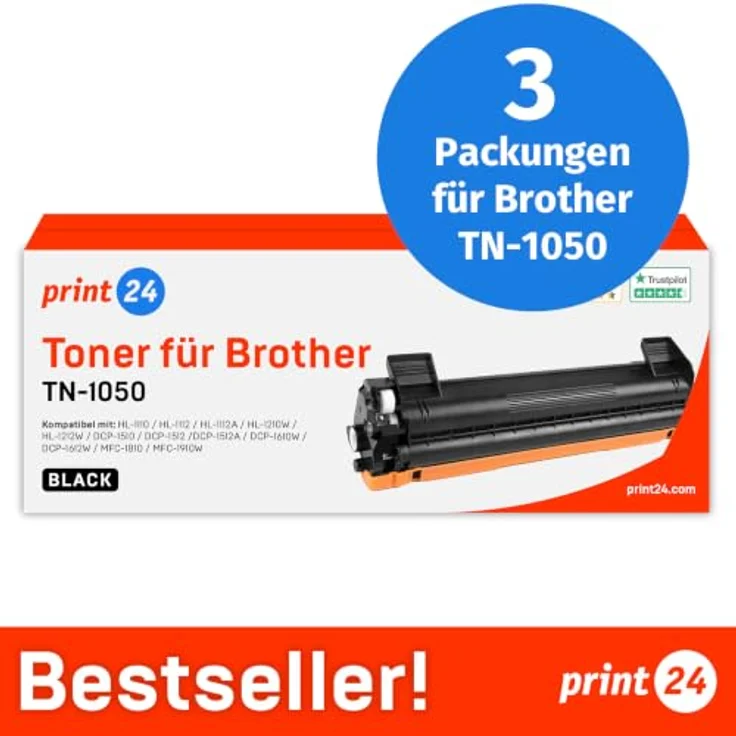 print24 Toner Brother TN1050, 3 Stück Schwarz, kompatibel mit DCP 1510, HL 1110, MFC 1810 und mehr – Bild 2