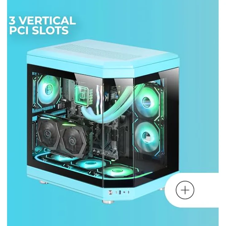 MARSGAMING MC-3T, Custom ATX-Gaming-Gehäuse mit Triple Window Hartglas, Flüssigkeitskühlung, Dual Side Kamera, Vertikale PCI Slots, USB-C und USB 3.0, Blau – Bild 4