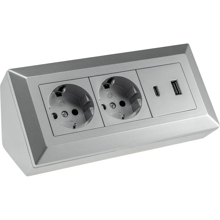 ChiliTec 2-fach Steckdosenblock, USB-A+C, silber Steckdosenleiste mit USB-Ladebuchsen