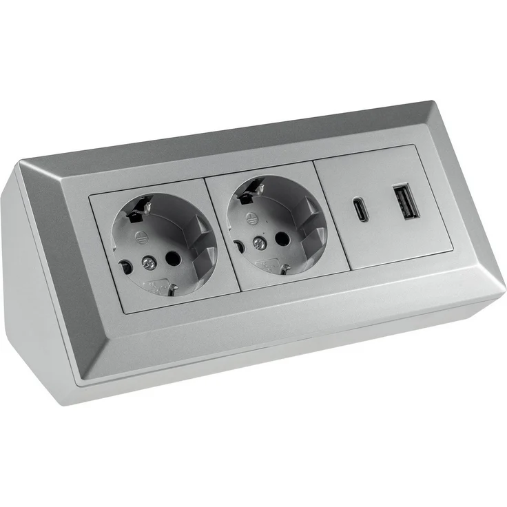 ChiliTec 2-fach Steckdosenblock, USB-A+C, silber Steckdosenleiste mit USB-Ladebuchsen