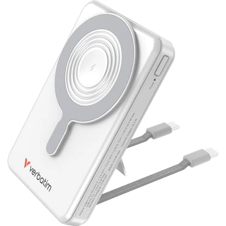 Verbatim Charge 'n' Go MagSafe Powerbank 10000mAh [Silber], 15W kabelloses Laden, PD 22,5W Schnellladung, klappbarer Ständer für iPhone 17/16/15 Pro, inkl. 2 USB-C Kabel – Bild 1