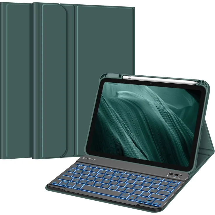Fintie Hülle mit Tastatur für iPad 11. Gen 2025 & 10. Gen 2022, 7-farbig beleuchtete abnehmbare Bluetooth-Tastatur mit Stifthalter, Dunkelgrün