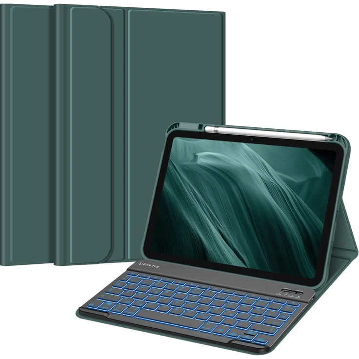 Fintie Hülle mit Tastatur für iPad 11. Gen 2025 & 10. Gen 2022, 7-farbig beleuchtete abnehmbare Bluetooth-Tastatur mit Stifthalter, Dunkelgrün