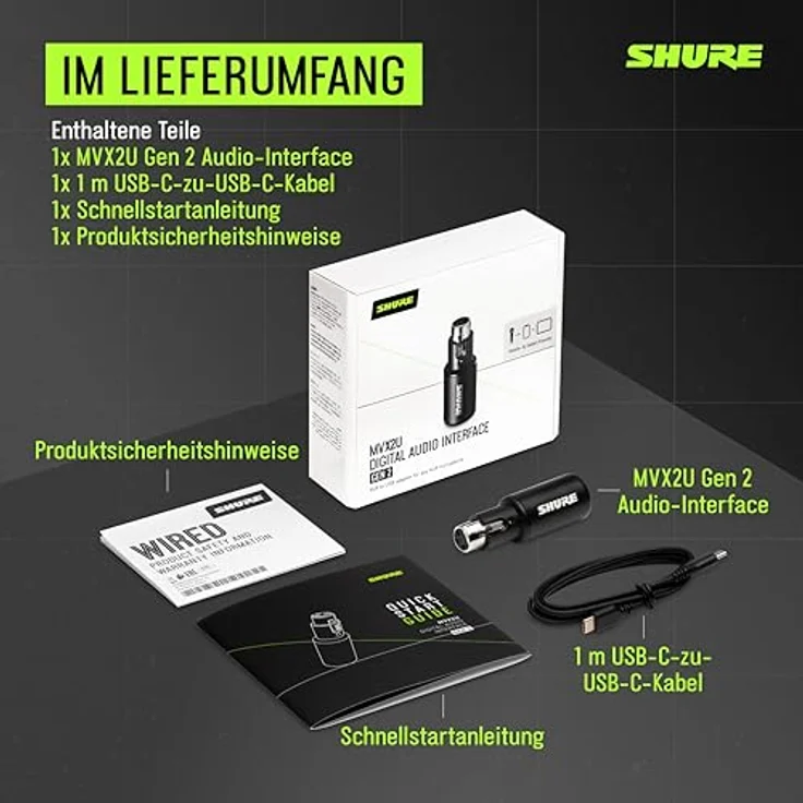 Shure MVX2U Gen 2, digitales XLR‑zu‑USB Audiointerface für Mikrofone, kompatibel mit Mac, Windows, iOS & Android, 60 dB Verstärkung, Zero-Latenz-Monitoring, inkl. USB-C-Kabel – Bild 5