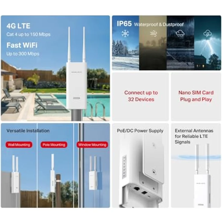Mercusys MB118-4G LTE Router, 4G Cat 4 bis zu 150 Mbit/s, 2,4 GHz WLAN bis 300 Mbit/s, wetterfestes IP65 Gehäuse, PoE/DC-Stromversorgung – Bild 4