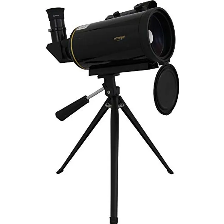 Omegon MightyMak 80, Maksutov Teleskop mit LED-Sucher, kompaktes Design in hochglanz schwarz mit Goldstreifen