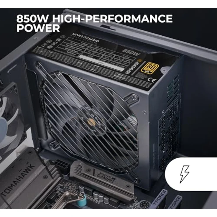 Mars Gaming MPB850PSI, Vollmodulares ATX-Netzteil 850W, 80Plus Gold 90%, 10 Jahre Garantie, SI-Lüfter 14cm, DC-DC und SMD-Technologie, ATX 3.1 und PCIe 5.1, Schwarz – Bild 2