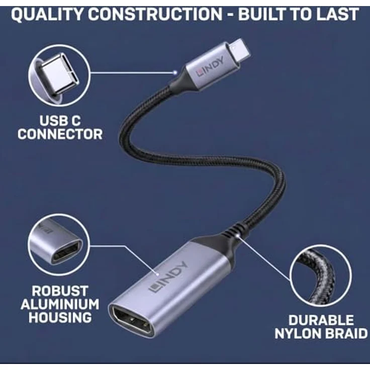 LINDY USB-C auf DisplayPort 1.4 Konverter, 8K 60Hz/4K 144Hz, HDR-Unterstützung, kompatibel mit MacBook und Thunderbolt 3 & 4, Hochgeschwindigkeits-Videoadapter, Schwarz – Bild 5