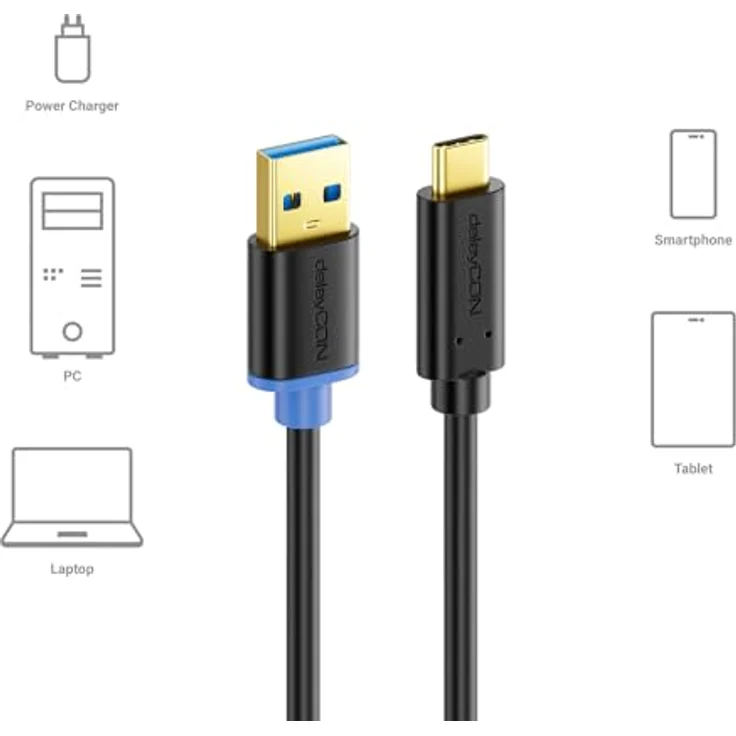 deleyCON 1m USB C Kabel USB 3.0 Ladekabel Datenkabel 5 Gbit/s USB-A auf USB-C in Schwarz, für iPhone 16 15 Pro Max Samsung Galaxy S25 S24 S23 Pixel iPad Pro MacBook Air Tablets Switch PS5 Notebook PC – Bild 5