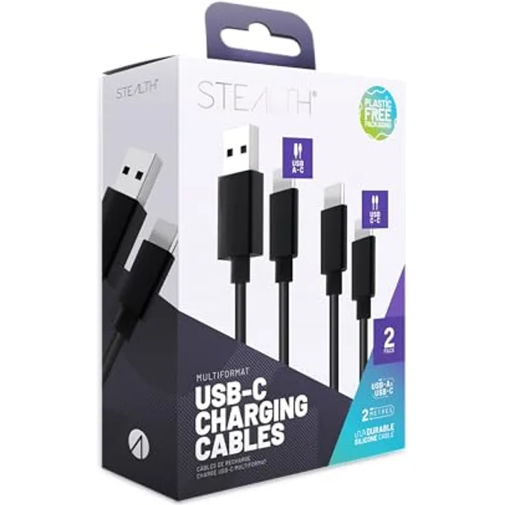 Stealth Silikon Ladekabel, Doppelpack (2x 2m), 1x USB-A -> C & 1x USB-C -> C, flexibel, schwarz