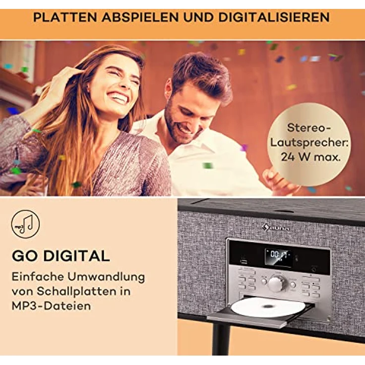 Auna Plattenspieler für Schallplatten mit Bluetooth, DAB+/FM Radio & CD-Player, Stereo-Lautsprecher, Moderner Plattenspieler mit Beinen – Bild 3