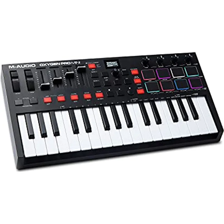 M-Audio Oxygen Pro Mini – 32-Tasten USB MIDI Keyboard Controller mit Beat Pads, MIDI-zuweisbaren Reglern, Tasten & Fadern, Softwarepaket inklusive
