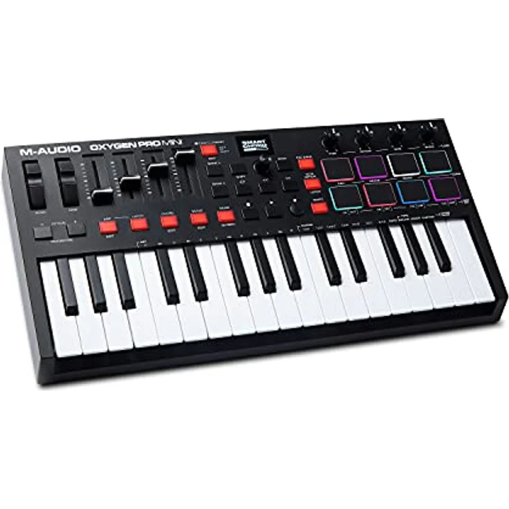 M-Audio Oxygen Pro Mini – 32-Tasten USB MIDI Keyboard Controller mit Beat Pads, MIDI-zuweisbaren Reglern, Tasten & Fadern, Softwarepaket inklusive – Bild 1