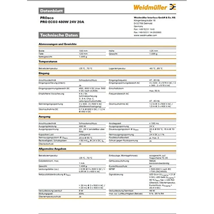 Weidmüller PROeco3 Schaltnetzgerät 480W, 24V, 20A, hohe Leistung, kompakte Bauform, mit Sicherheitsfunktionen – Bild 2