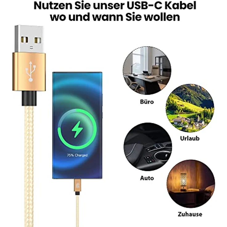 JAMEGA USB-C Kabel Nylon Schnell Ladekabel, 2m, 5 Gbps, kompatibel mit Samsung, Huawei, HTC, LG, hohe Langlebigkeit, edles Design – Bild 6