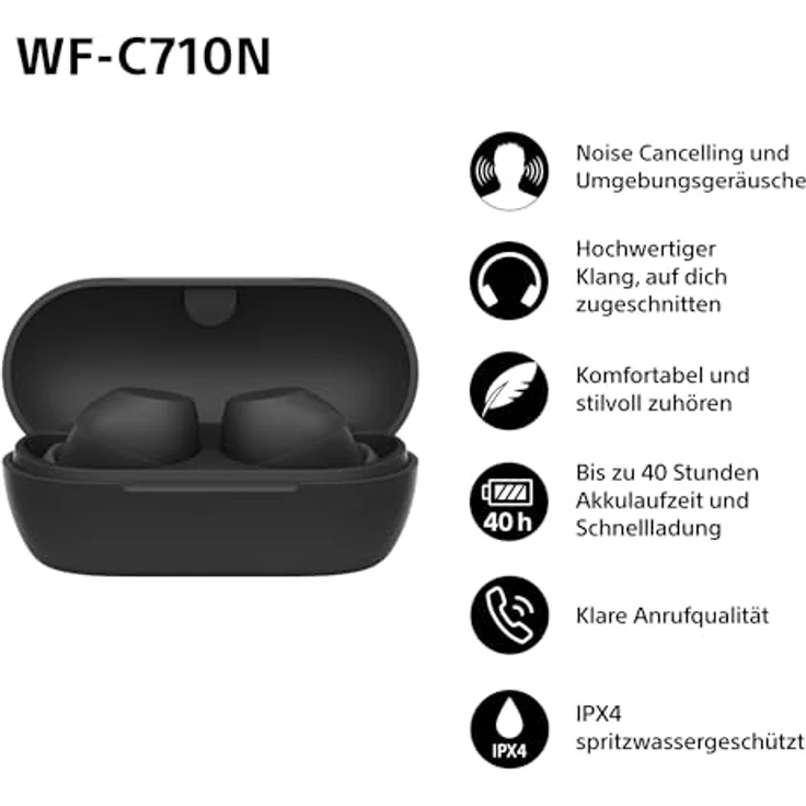 Sony WF-C710N True Wireless In-Ear Kopfhörer Schwarz mit ANC, Bluetooth 5.3, 21,5h Laufzeit, Spritzwasserschutz – Bild 2