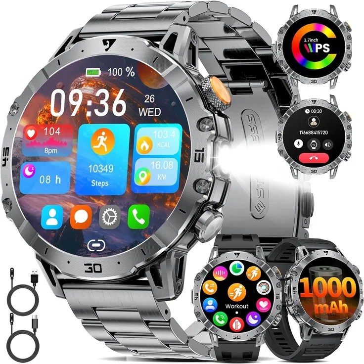 LIGE Herren Smartwatch mit Telefonfunktion, 1000 mAh Akku, 1,7 Zoll HD Display, LED-Taschenlampe, 110+ Sportmodi, IP68