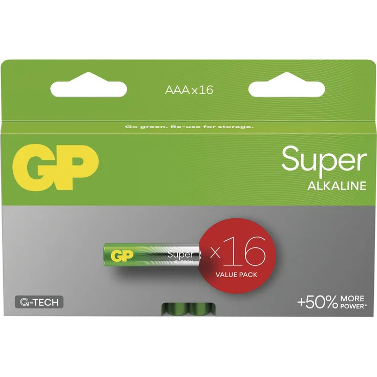 GP Super Alkaline AAA-Batterie, 24A/LR03, 16er-Pack, 1,5 V, schwermetallfrei, -18 bis 50 °C Einsatztemperatur