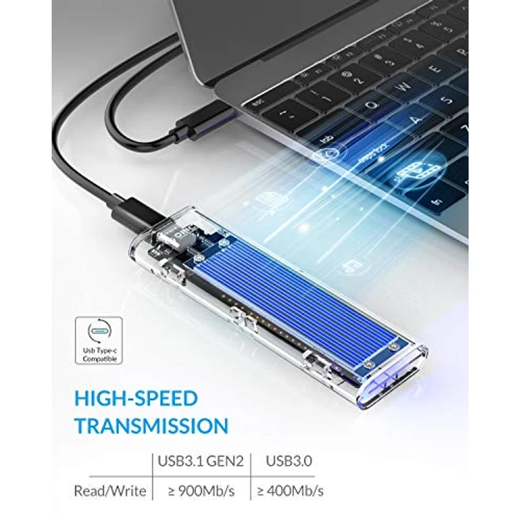 ORICO M.2 NVME SSD Gehäuse, USB-C Adapter USB 3.1 Gen2 (10Gbps) Externe M2 Gehäuse für PCIe M-Key/B+M Key NVMe SSD 2230/2242/2260/2280, Blau -TCM2 – Bild 2