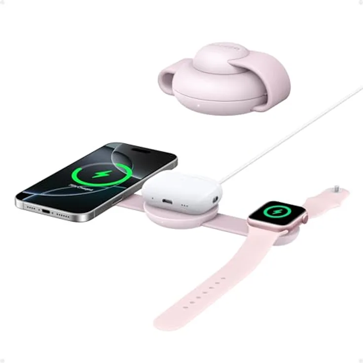 Anker MagGo 3-in-1 Wireless Charger, faltbar, MagSafe Qi2, 15W, für iPhone 15/16, AirPods, Apple Watch, Pink