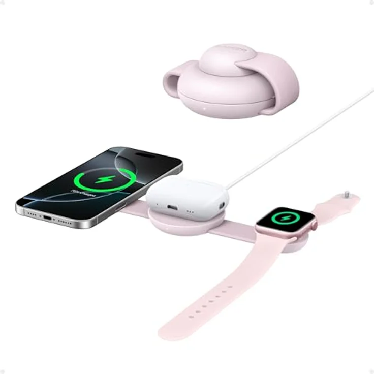 Anker MagGo 3-in-1 Wireless Charger, faltbar, MagSafe Qi2, 15W, für iPhone 15/16, AirPods, Apple Watch, Pink – Bild 1