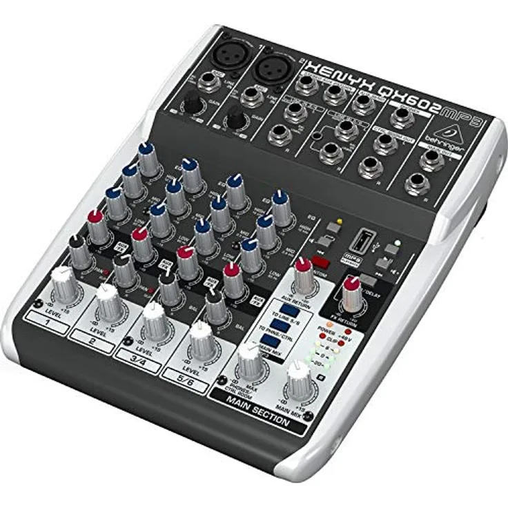 Behringer XENYX QX602MP3 Premium 6-Input 2-Bus Mixer mit XENYX Mic Preamps, British EQ, MP3 Player und Multi-FX