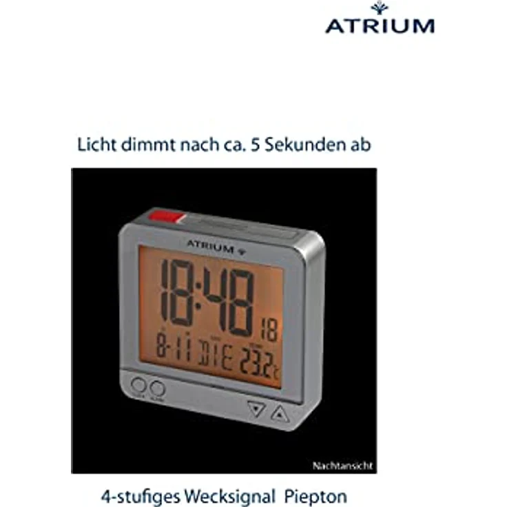 Atrium digitaler Funk-Wecker LCD sensorgesteuerte Nachtlicht-Funktion Schlummer-Funktion Obenabsteller Reise-Wecker Silber/rot A740-19 – Bild 5