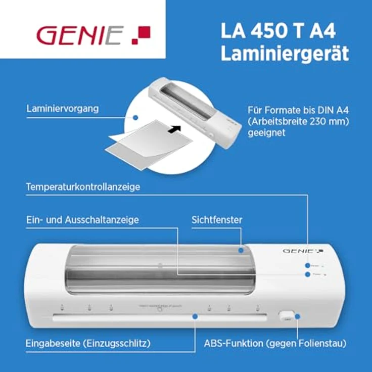 Genie LA 450 T, Laminiergerät für A4 Dokumente, LED-Sichtfenster, 80-125 µm, ABS-Funktion, 230 mm Arbeitsbreite – Bild 7