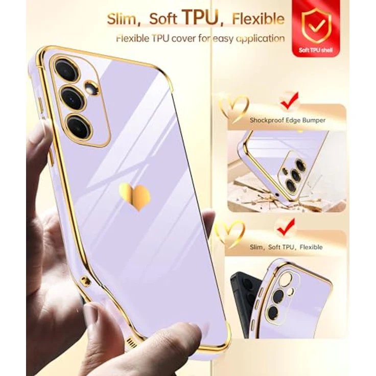 LeYi Hülle für Samsung Galaxy A35 5G, TPU Silikon Schutzhülle mit 2 Schutzfolien, Herz Muster, stoßfest und kratzfest, lila – Bild 3